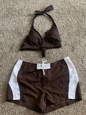 Women's Chocolate Brown Halter Bikini Top & Swim Shorts Set